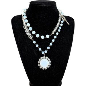 Faceted Opalite & Crystal Boho Bead Necklace with Pendant 18” Toggle Clasp